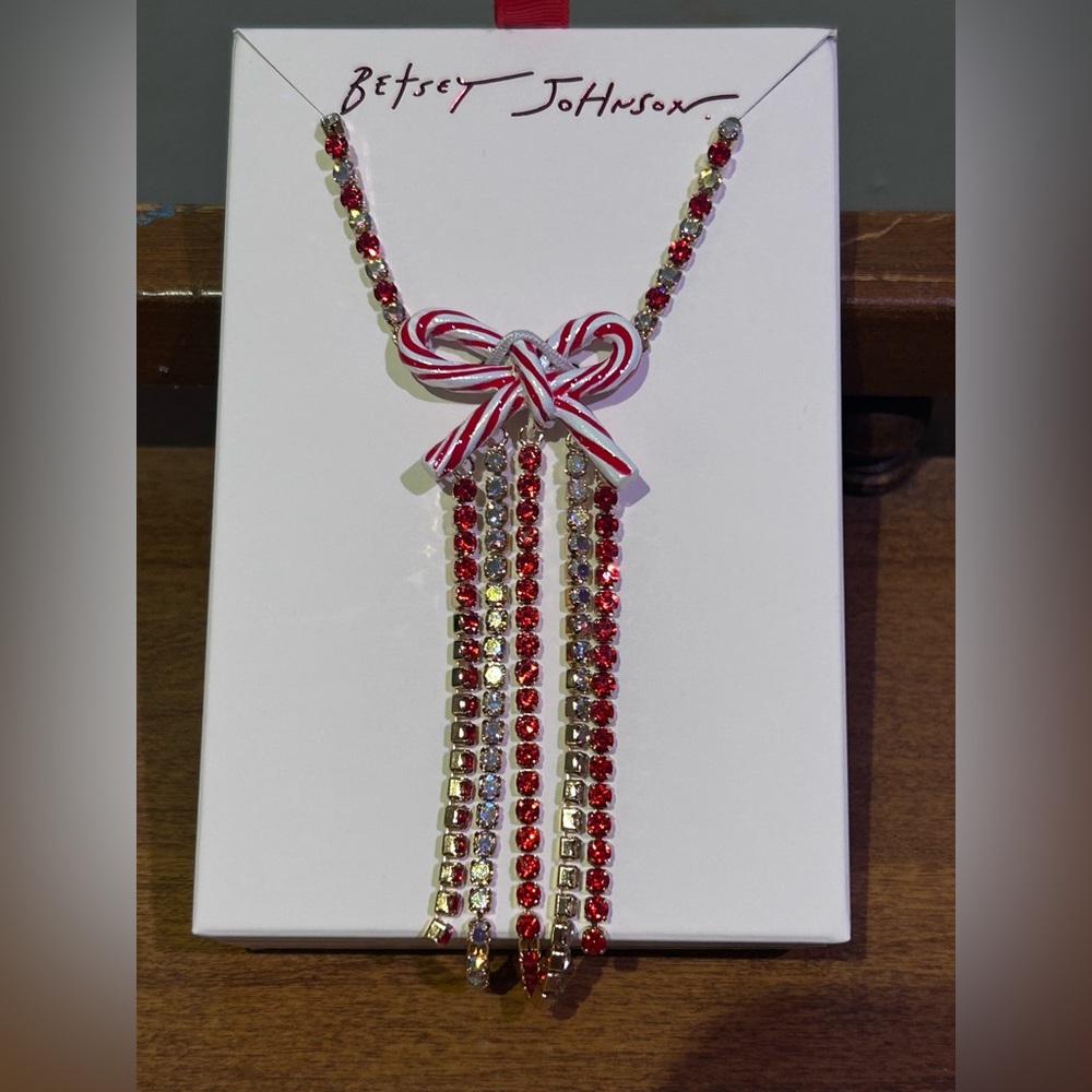 BETSEY JOHNSON Red And White Candy Cane Bow Women's Necklace NWTS